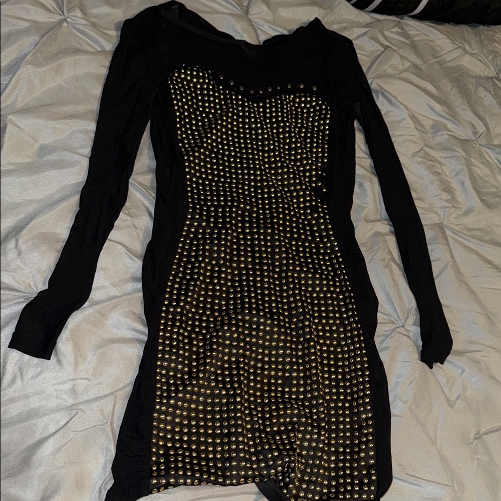 Elegant Black and Gold Studded Long Sleeve Dress